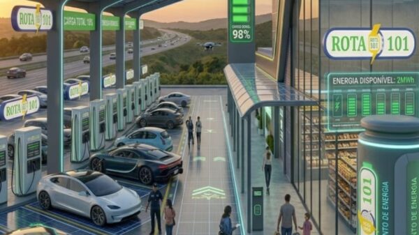 Projeção conceitual de unidade da rede Rota BR 101: estação de recarga rápida com carregadores DC, cobertura fotovoltaica e conveniência integrada ao longo do corredor da BR-101.